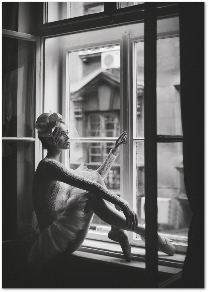 Posterux© | Ballerina by the Window – Elegant Black & White Poster