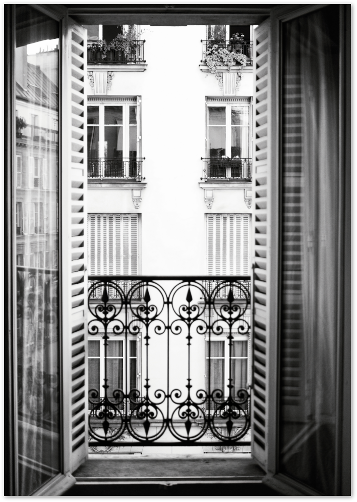 Posterux© | Parisian Balcony – Classic Black & White Architecture Poster
