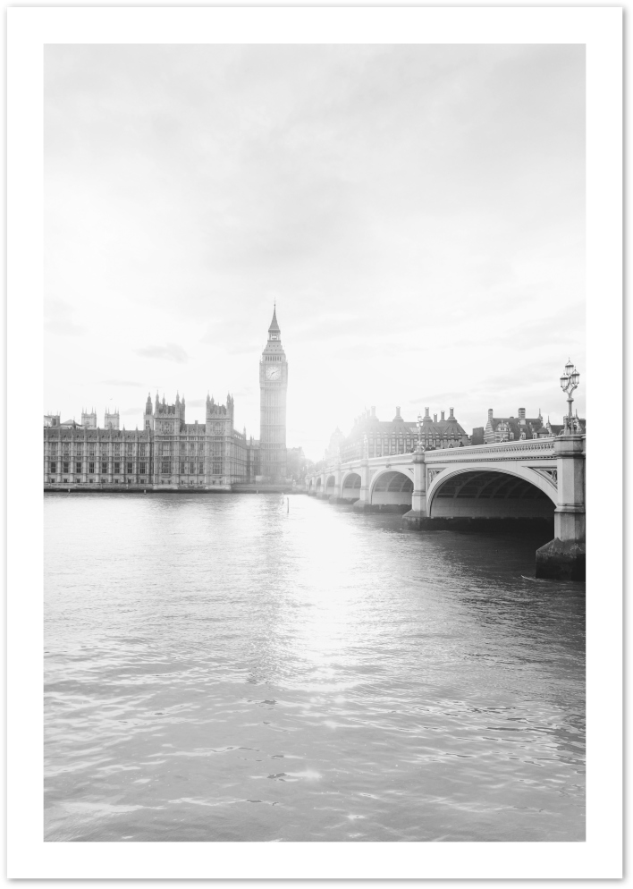 Posterux© | Big Ben and Westminster Bridge – Black & White Photography Print