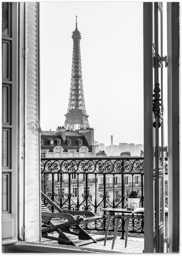 Posterux© | Parisian Balcony with Eiffel Tower View – Black & White Photography Poster
