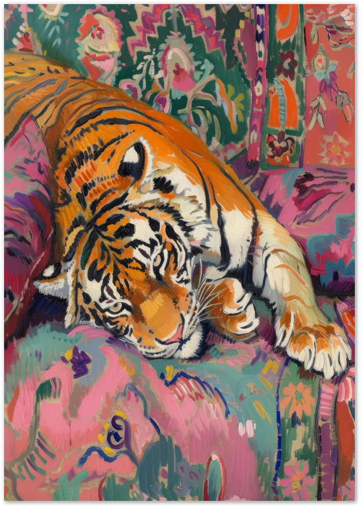 Posterux© | Tiger on Colorful Couch Poster – Vibrant Wildlife Art
