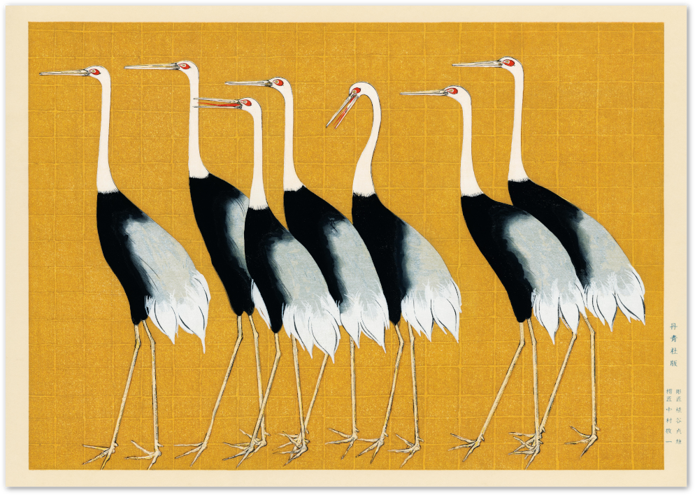 Posterux© | Cranes on Gold Poster – Japanese Minimalist Nature Art