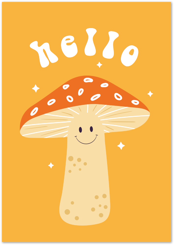 Posterux© | Hello Mushroom Poster – Playful Retro Kids Wall Art