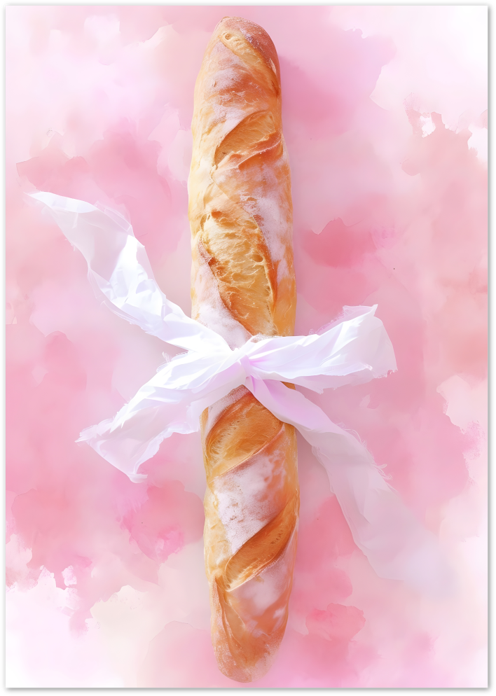 Posterux© | Baguette with Bow Poster – Whimsical French Kitchen Art