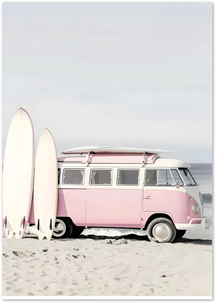 Posterux© | Pink Surf Van Poster – Dreamy Coastal Photography Print