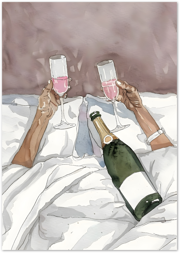 Posterux© | Champagne In Bed Poster – Romantic Watercolor Illustration