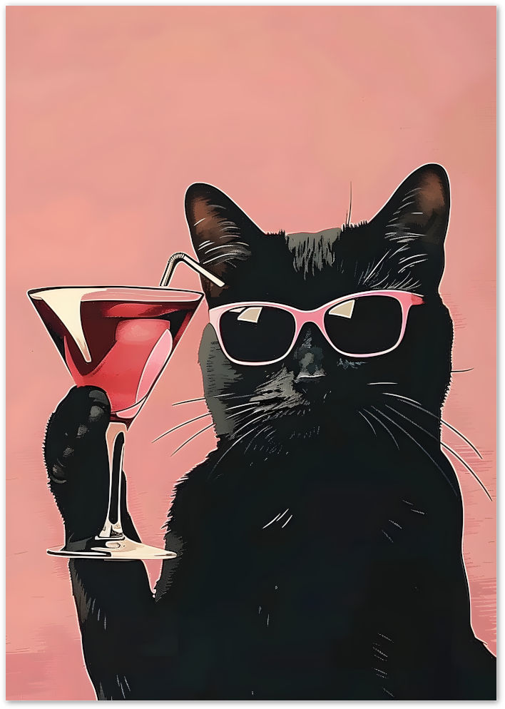Posterux© | Cool Cat Cocktail Poster – Pink Retro Vibes