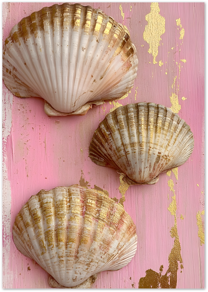 Posterux© | Gold Shells on Pink Poster – Coastal Elegance Meets Blush
