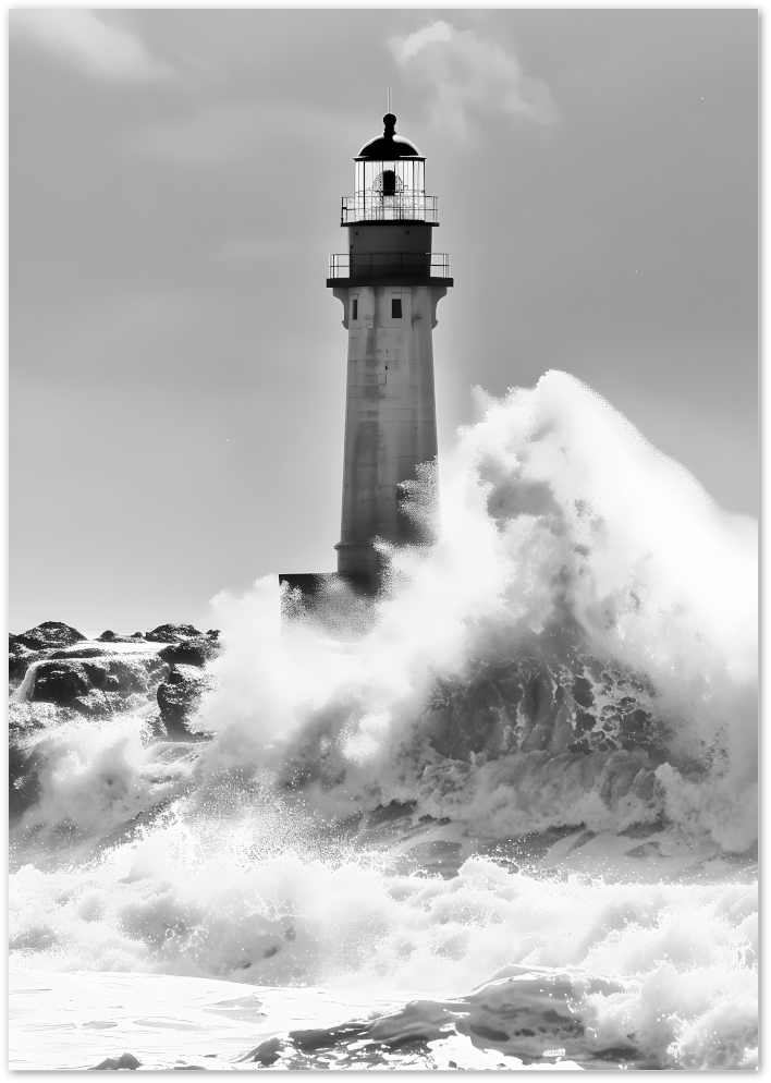 Posterux© | Stormy Lighthouse – Black & White Coastal Drama