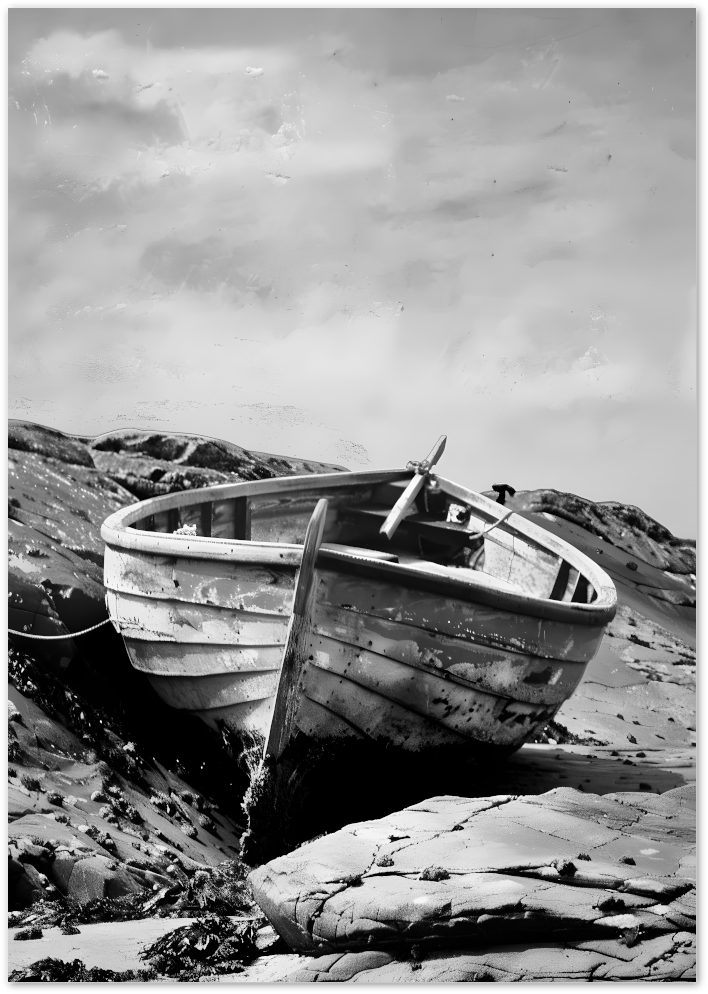 Posterux© | Weathered Boat – Black and White Seaside