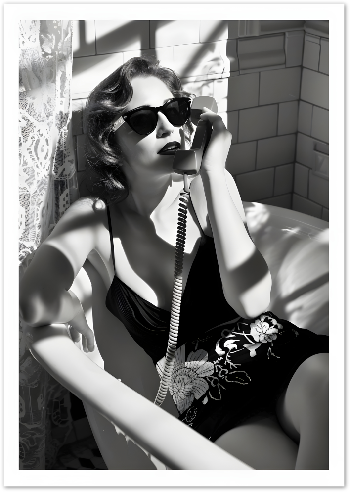 Posterux© | Phone Call in the Tub Poster – Retro Glam Bathroom Scene