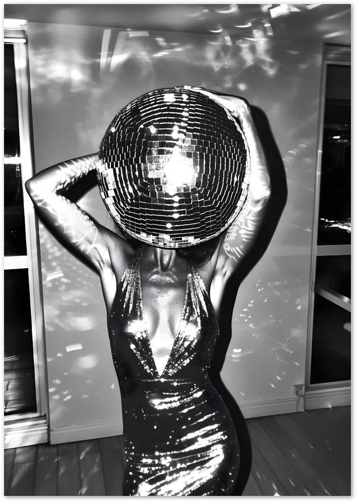 Posterux© | Disco Diva Poster – Sparkle & Strength in Monochrome
