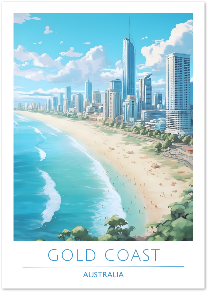 Posterux© | Gold Coast Poster – Coastal Cityscape in Blue Hues