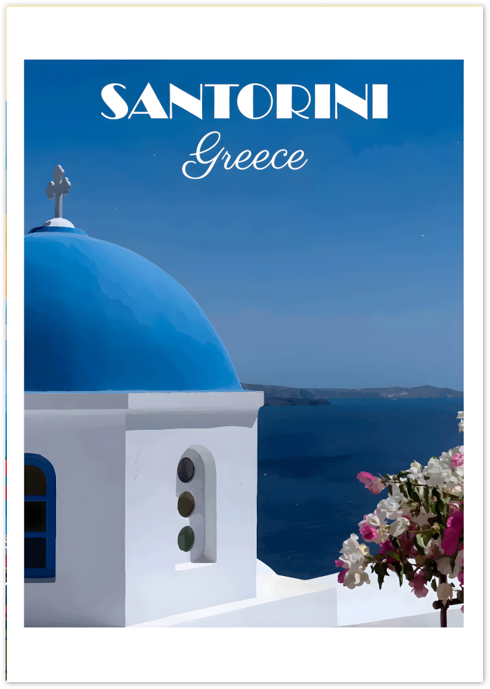 Posterux© | Santorini Greece Poster – Blue Dome and Bougainvillea