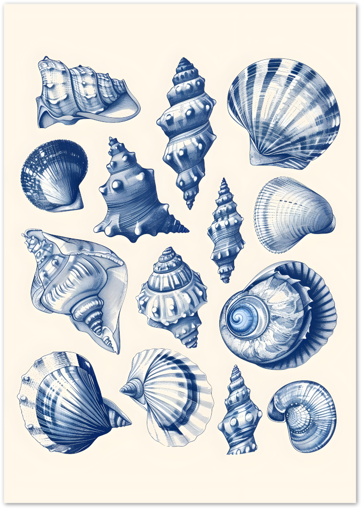 Posterux© | Ocean Shells Poster – Vintage Blue Sea Art