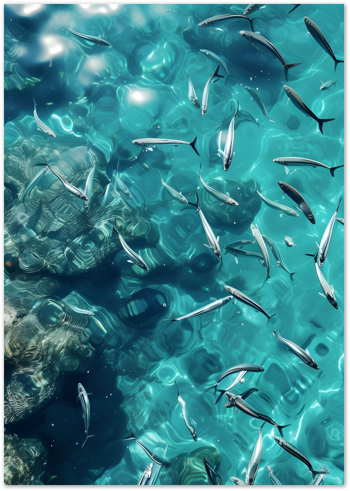 Posterux© | Sardines in Sunlight Poster – Underwater Coastal Photography