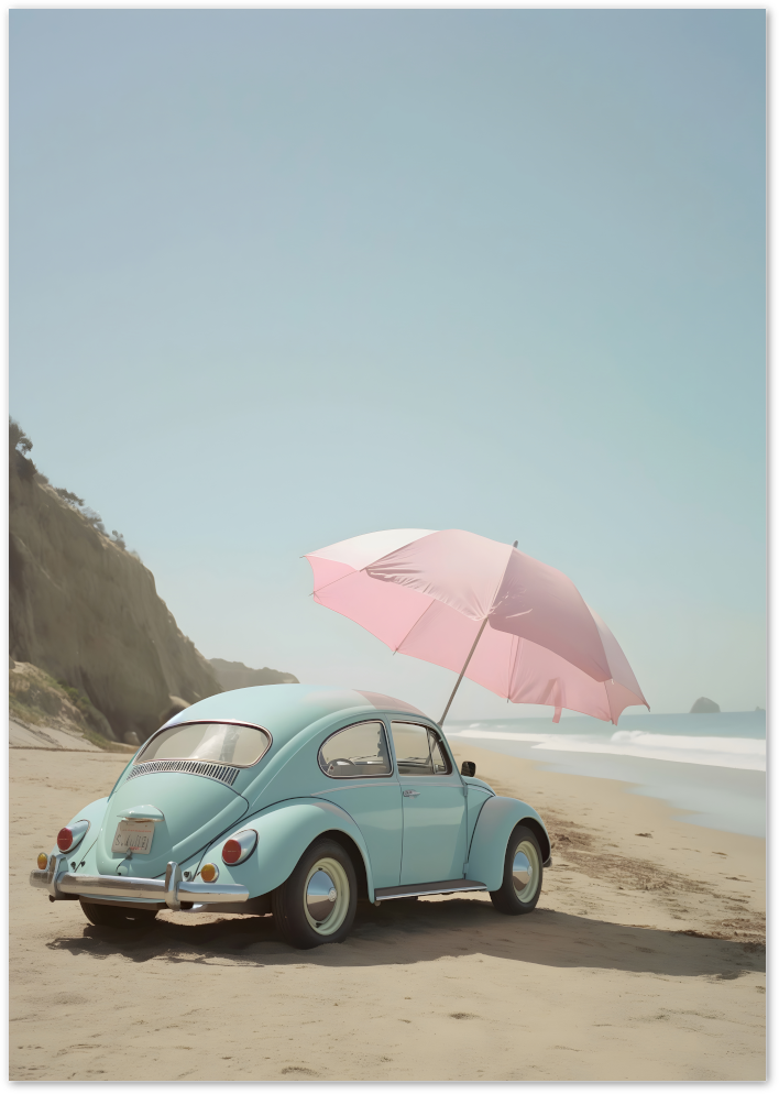 Posterux© | Beach Bug Poster – Vintage Car with Pink Umbrella