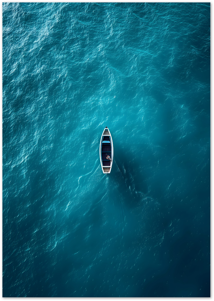 Posterux© | Adrift Poster – Minimal Boat on Blue Waters