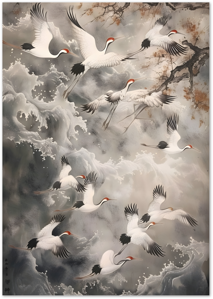 Posterux© | Soaring Cranes Poster – Japanese Style Nature Art