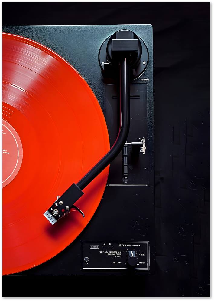 Posterux© | Red Vinyl Poster – Close-Up of Turntable and Record