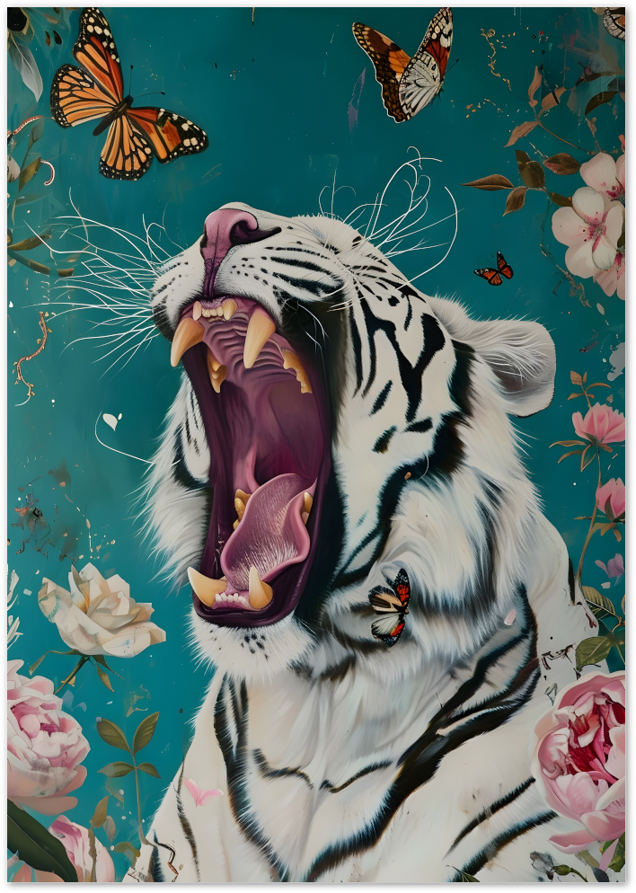 Posterux© | Roaring Beauty Poster – White Tiger with Butterflies