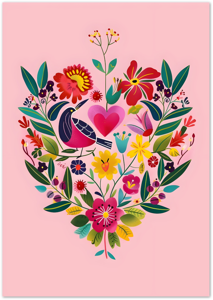 Posterux© | Heart Garden Poster – Floral Folk Art Bird
