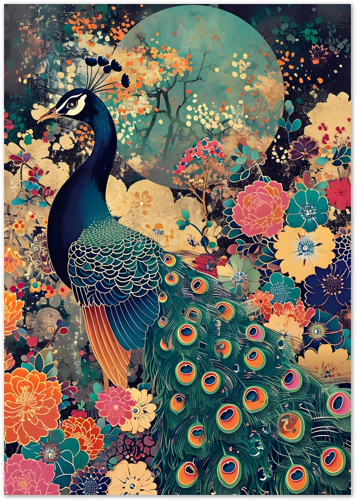 Posterux© | Blushing Peacock Poster – Elegant Bird in Blooming Garden