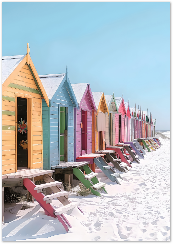 Posterux© | Pastel Beach Cabins Poster – Colorful Coastal Row