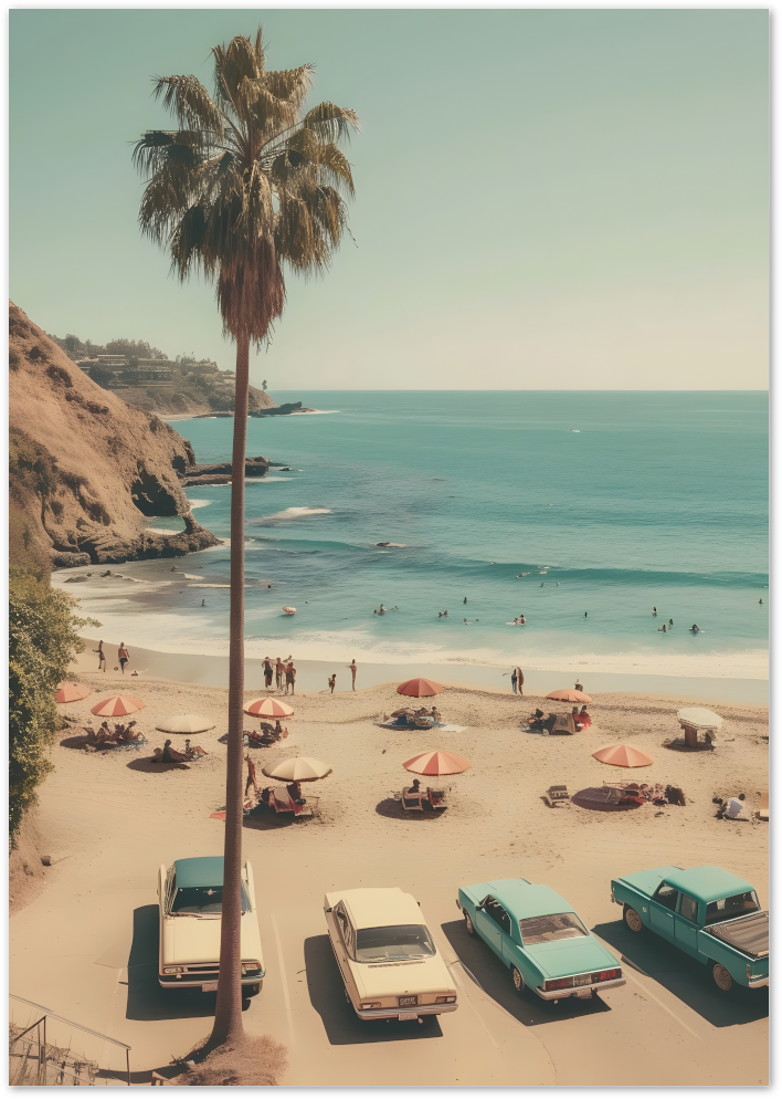 Posterux© | Retro Beach Day Poster – Vintage Summer Scene with Palms
