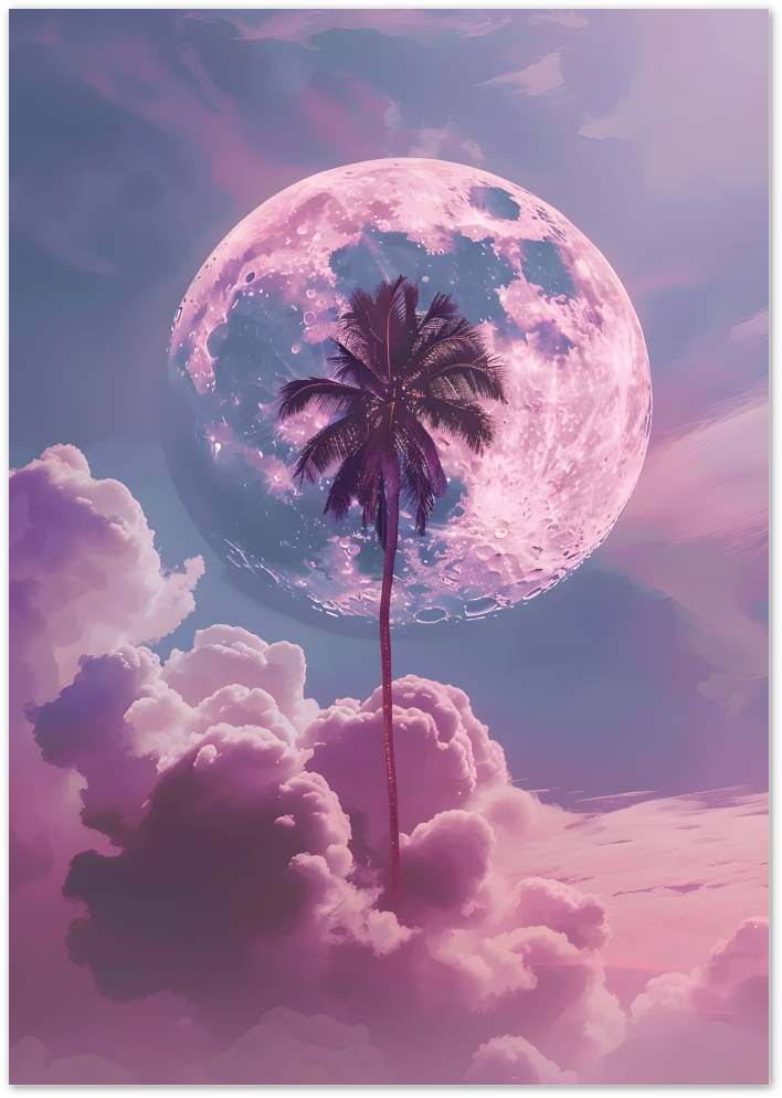Posterux© | Palm Moonrise Poster – Surreal Dreamscape in Pink and Purple