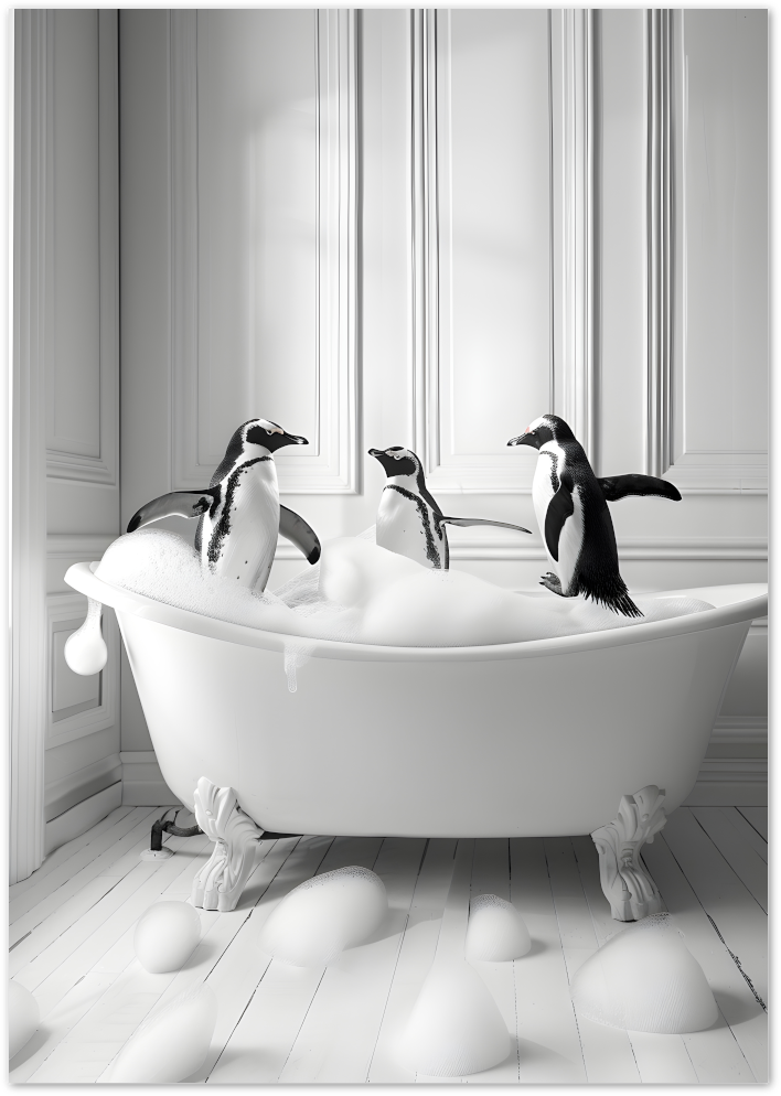 Posterux© | Penguins in the Bath Poster – Black & White Animal Humor