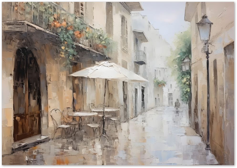Posterux© | Rainy Street Café Poster – European Charm