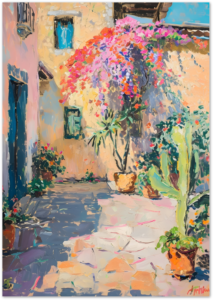 Posterux© | Bougainvillea Courtyard Poster – Mediterranean Color Pop