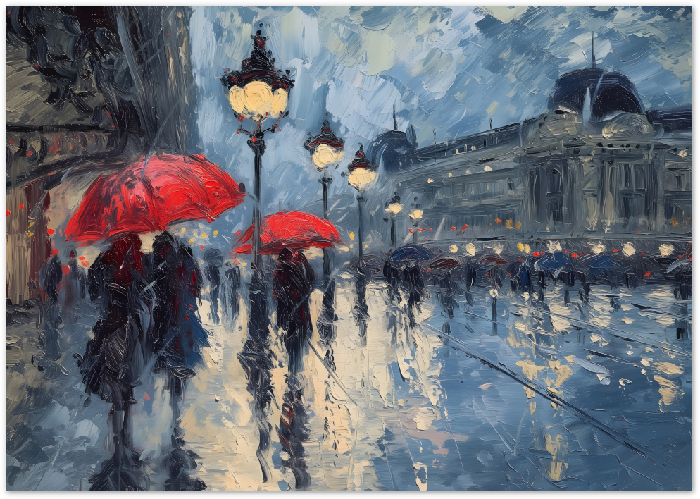Posterux© | Red Umbrella Night Poster – Rainy Romance