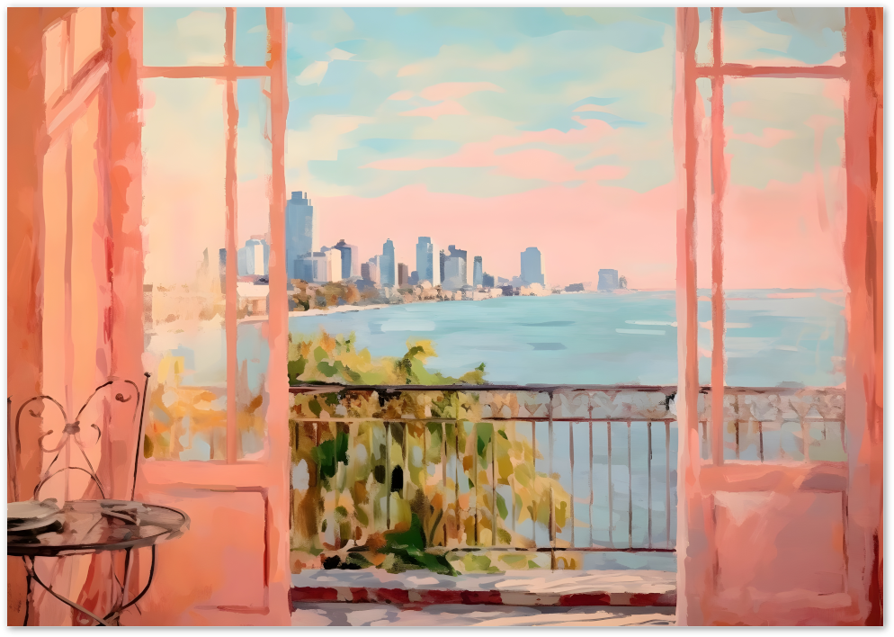 Posterux© | City View Through the Window Poster – Soft Pastel Skyline