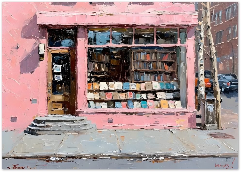 Posterux© | Pink Bookstore Poster – Artistic City Scene