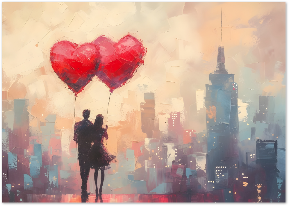 Posterux© | Couple with Heart Balloons Poster – Romantic Cityscape