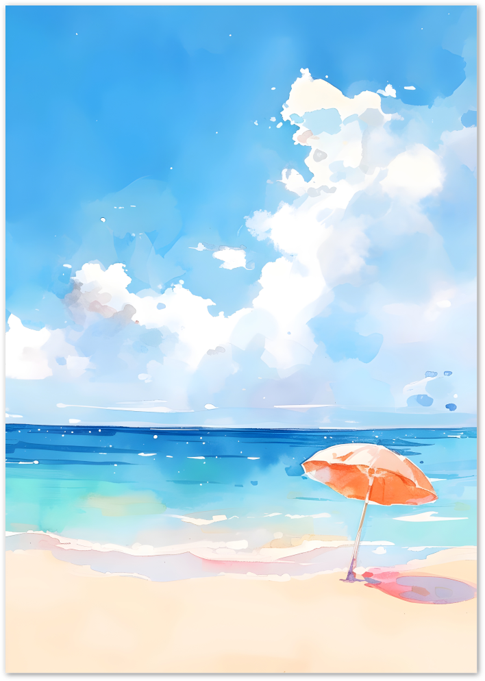 Posterux© | Pink Parasol Beach Poster – Summery Coastal Illustration
