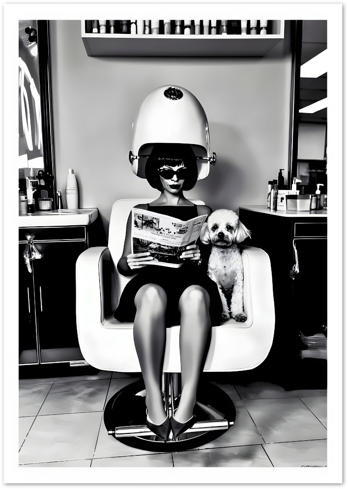 Posterux© | Hair Salon Glamour Poster – Retro Lady & Dog in Black and White