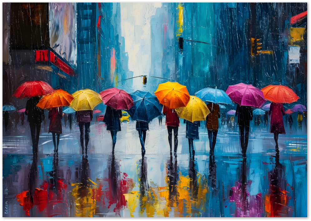 Posterux© | Umbrella City Poster – Rainy Day Reflections
