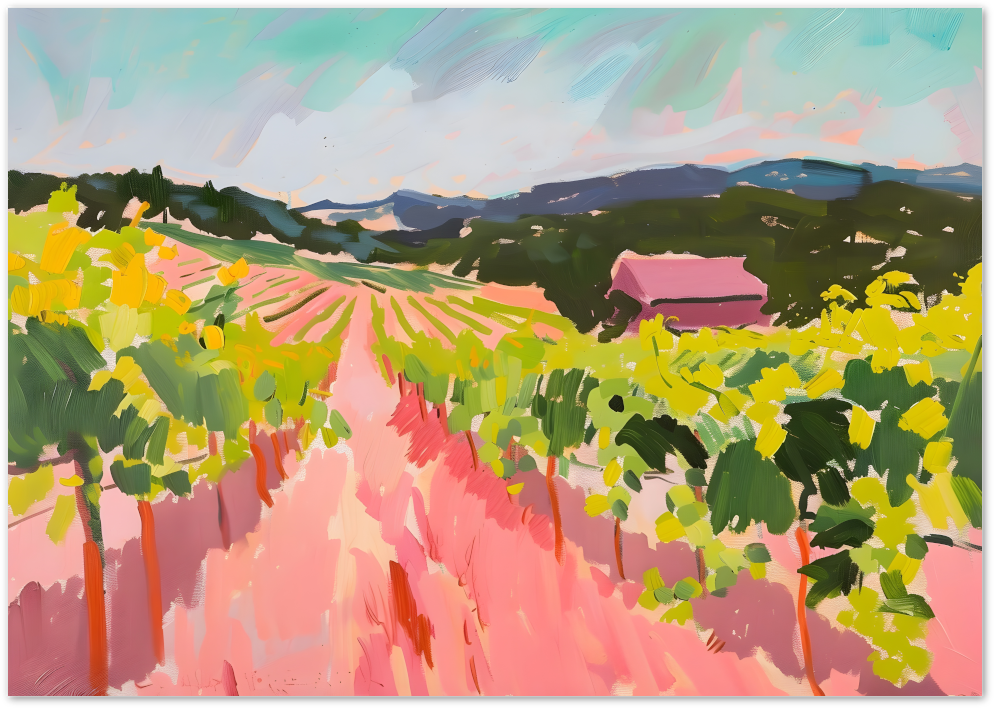 Posterux© | Pink Vineyard Path Poster – Modern Landscape Painting
