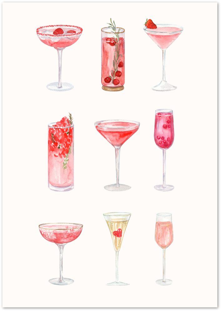 Posterux© | Pink Cocktail Glasses Poster – Watercolor Bar Art