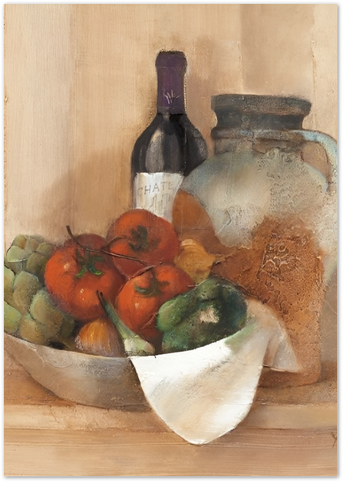 Posterux© | Mediterranean Still Life Poster – Wine & Veggies Art