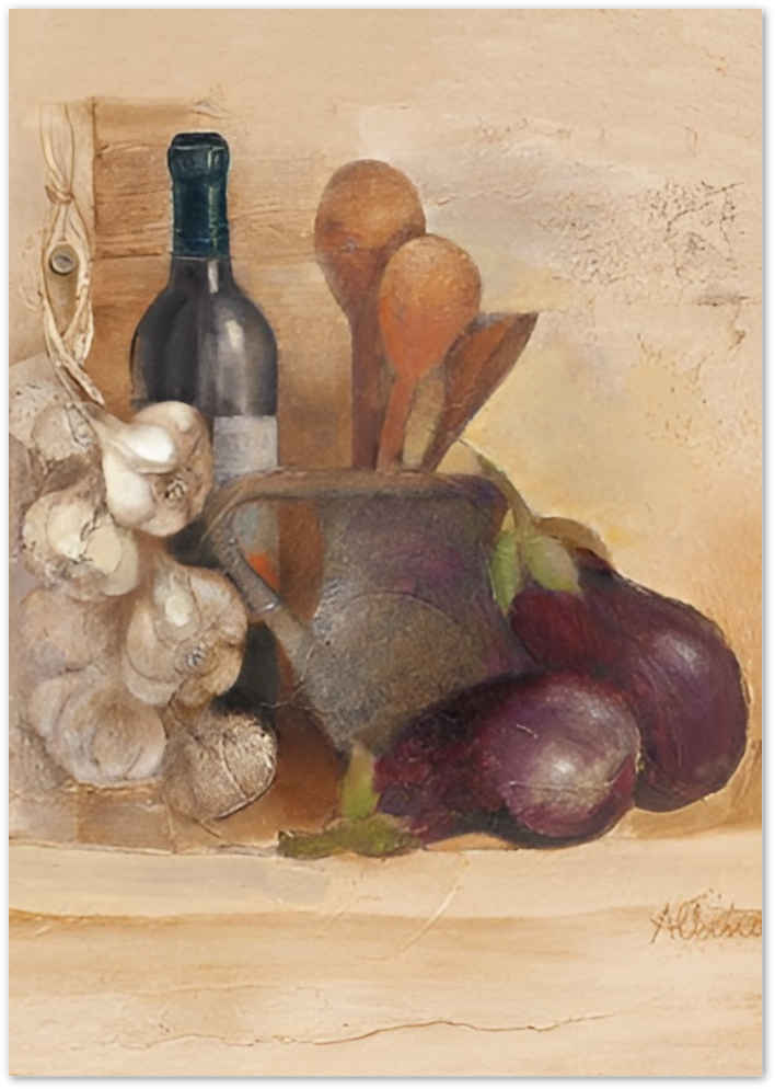 Posterux© | Garlic & Aubergine Still Life Poster – Rustic Kitchen Art