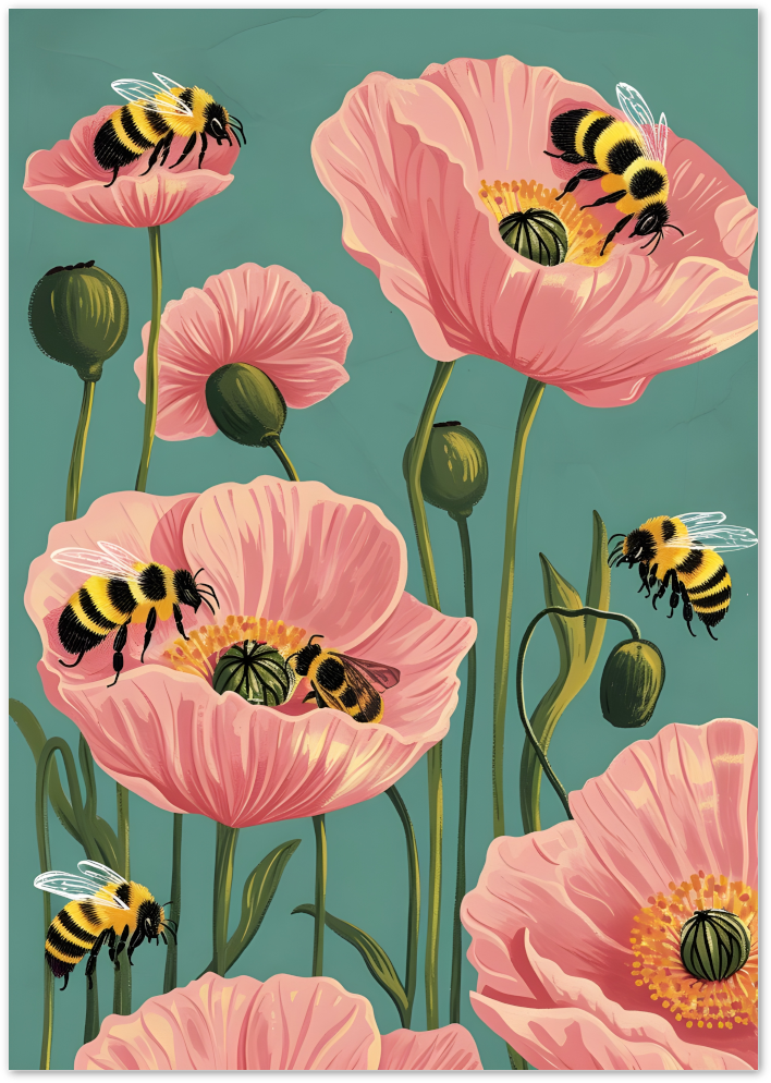 Posterux© | Bees and Poppies Poster – Floral Garden Illustration