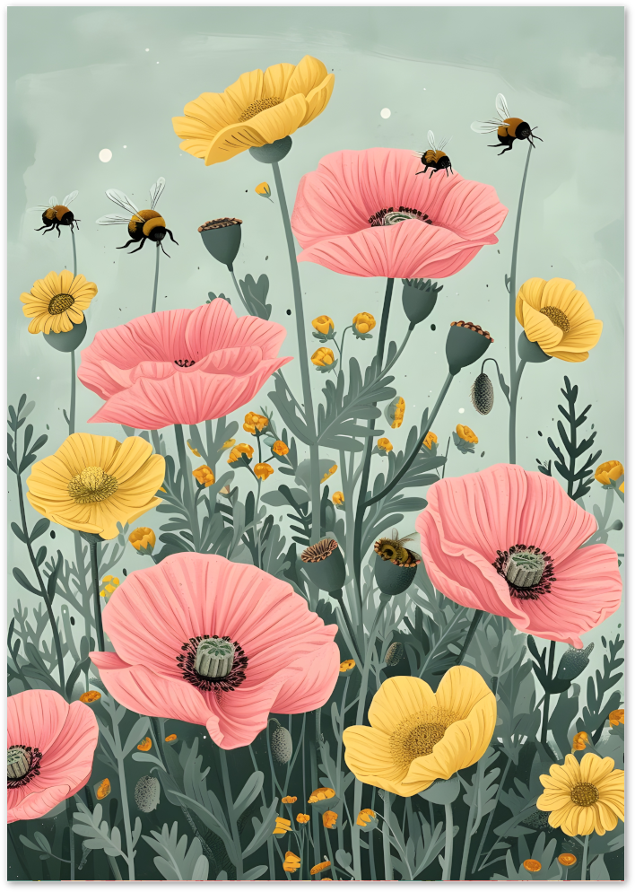 Posterux© | Bees and Buttercups Poster – Nature-Inspired Wall Art